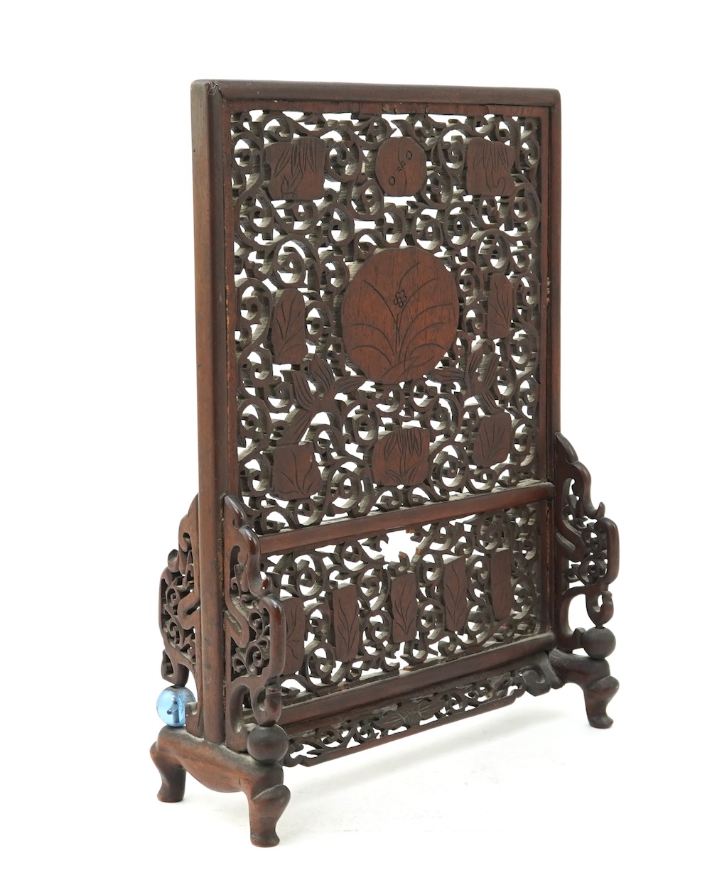 A Chinese jade and hardstone mounted hongmu table screen, late 19th/early 20th century